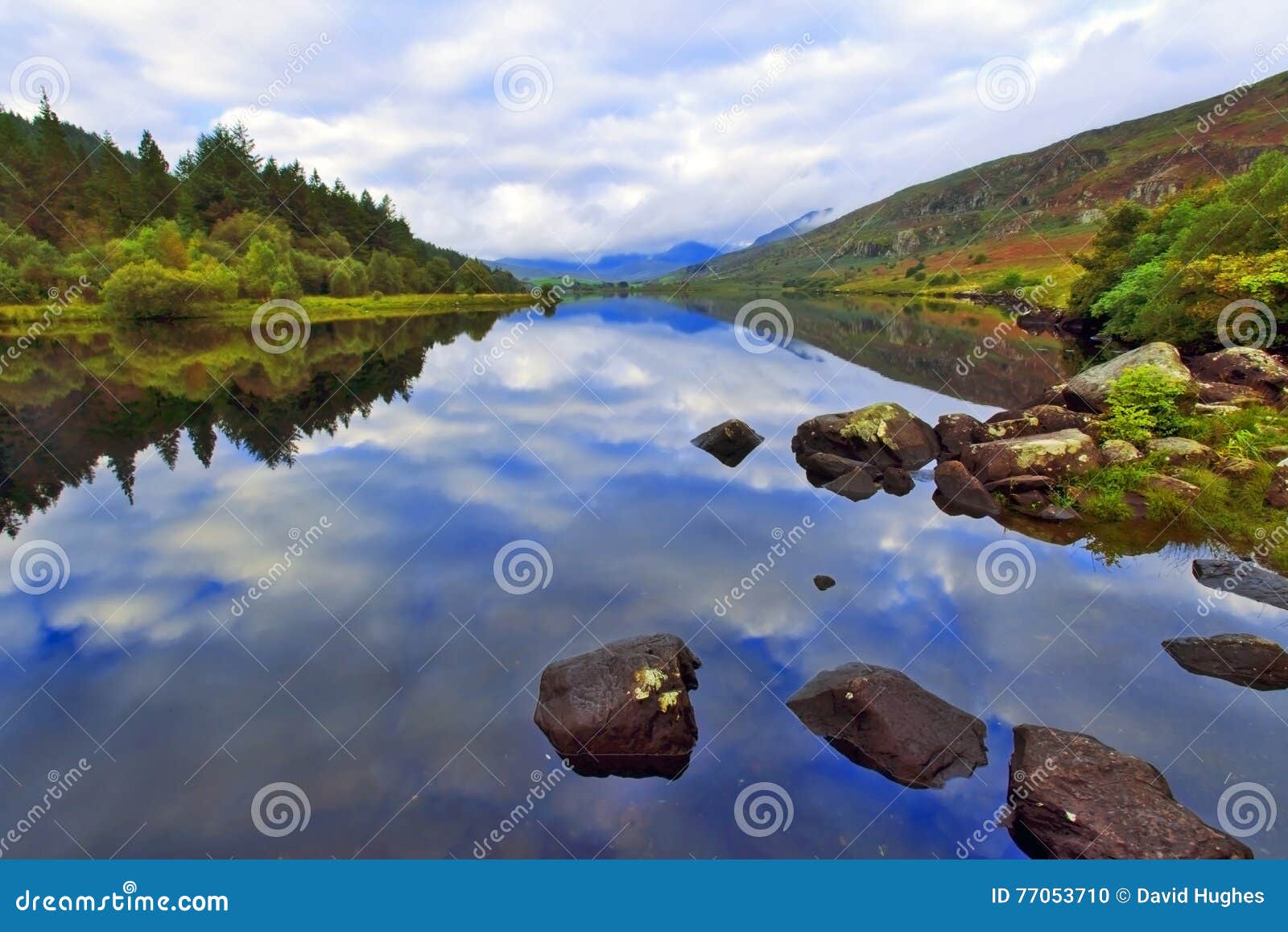 Moody Snowdonia Reflected in Peaceful Llyn Mymbyr Snowdonia Stock Photo ...