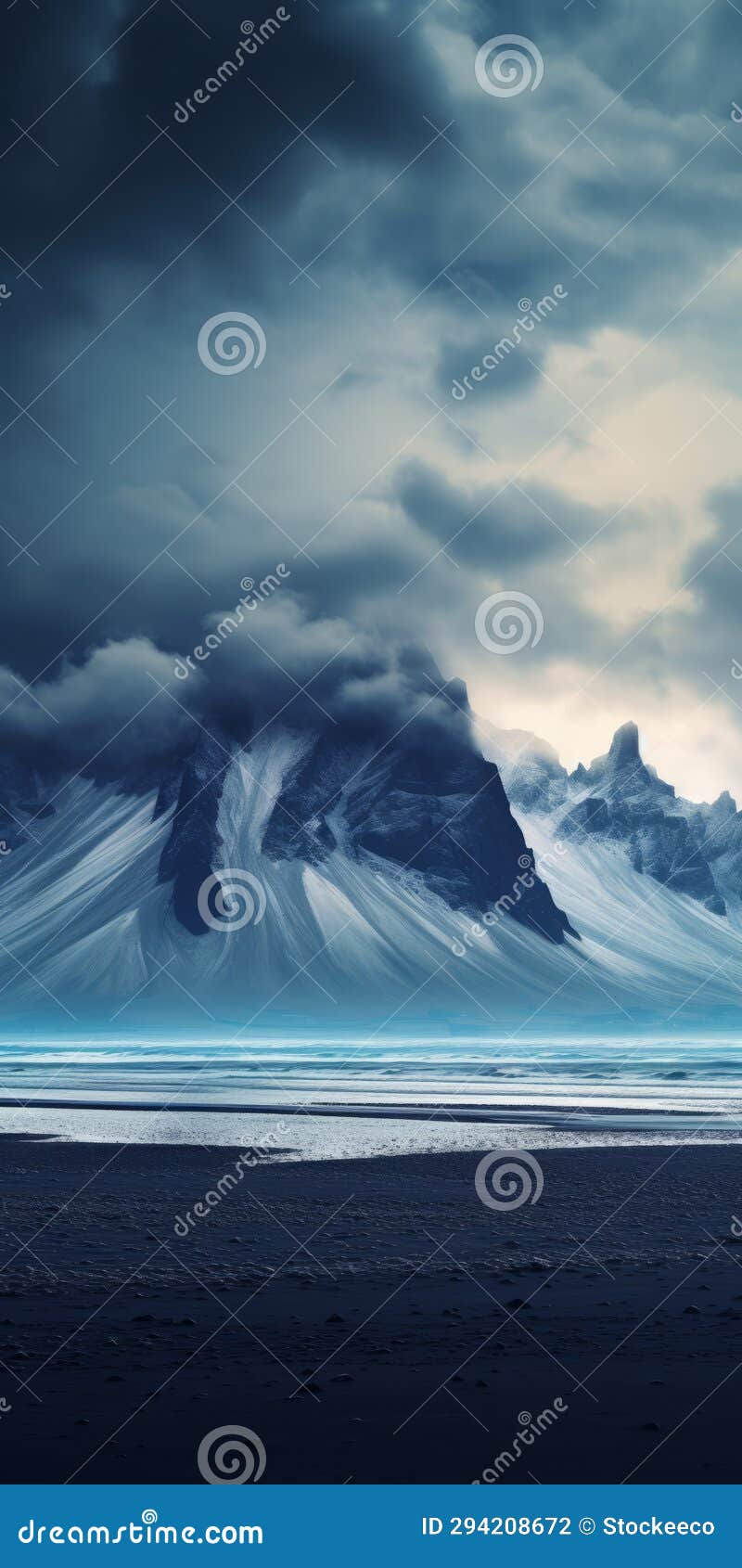 moody tonalism: iceland and clouds wallpaper in dark cyan and silver