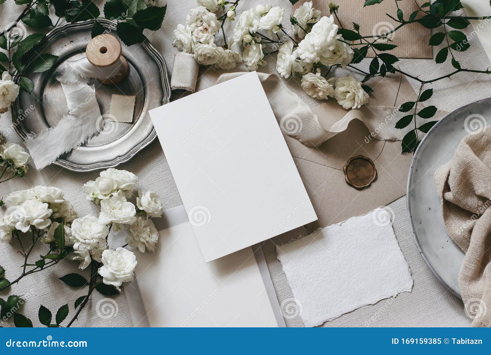 Download Moody Wedding Table Mockup Scene. Feminine Desktop Composition With Fading White Rose Flowers ...