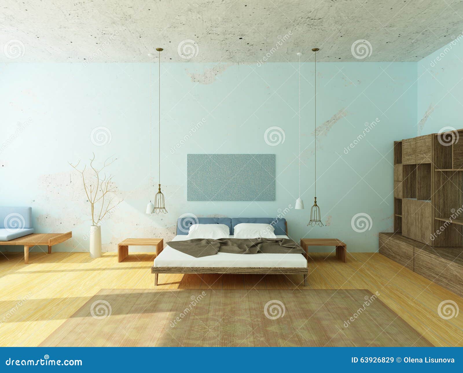 Mooie comfortabele slaapkamer in blauwe kleuren stock illustratie ...