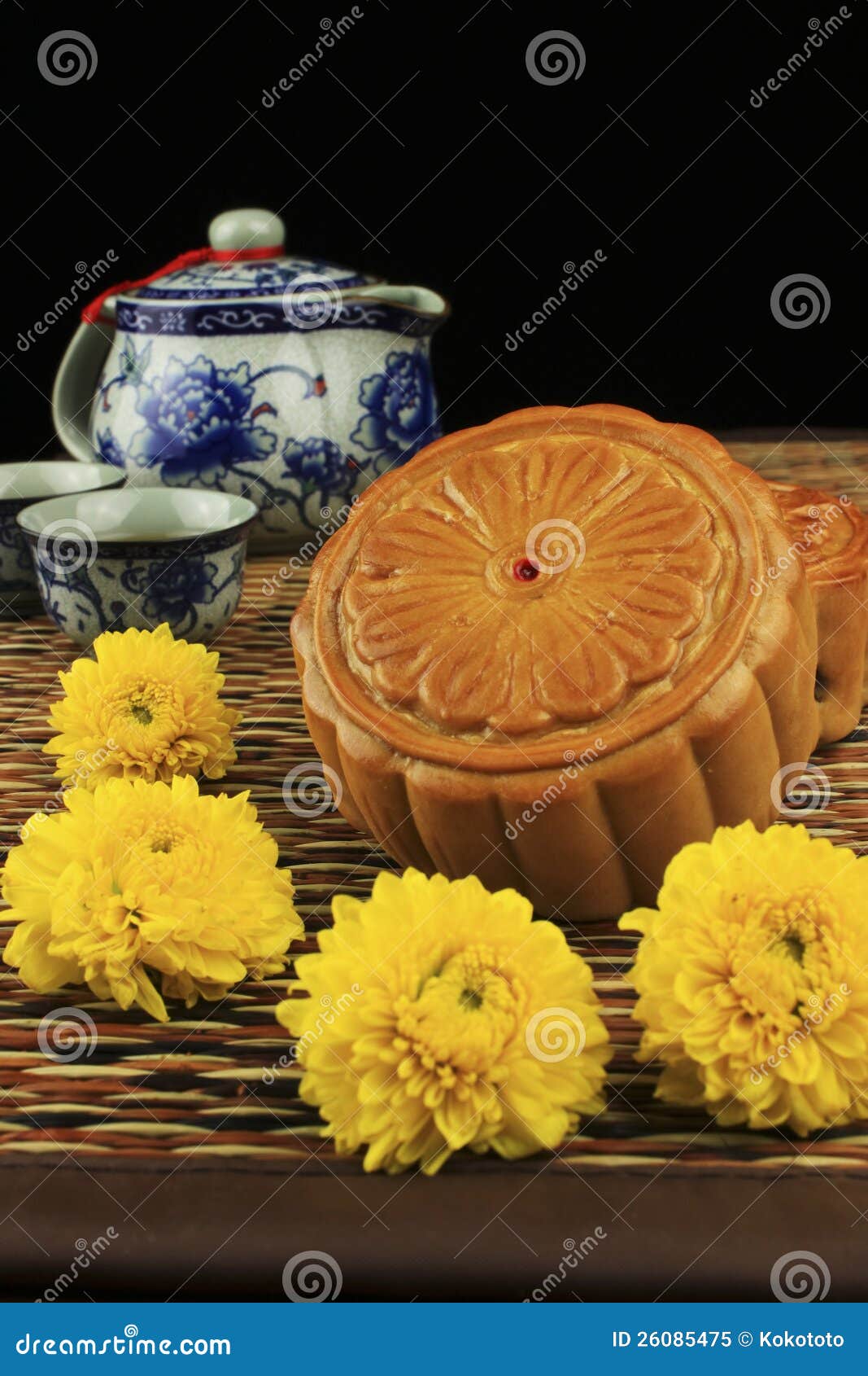 Moon Cakes and Tea, Decorated with Chrysanthemum Stock Image Image of