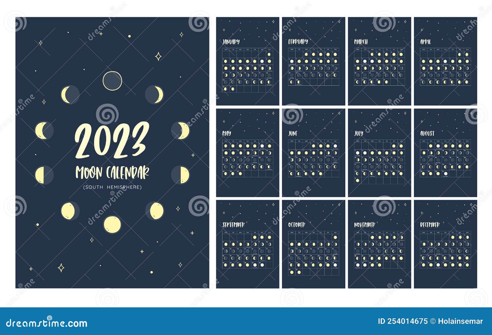 Moon Calendar 2023 - South Hemisphere Stock Vector - Illustration of