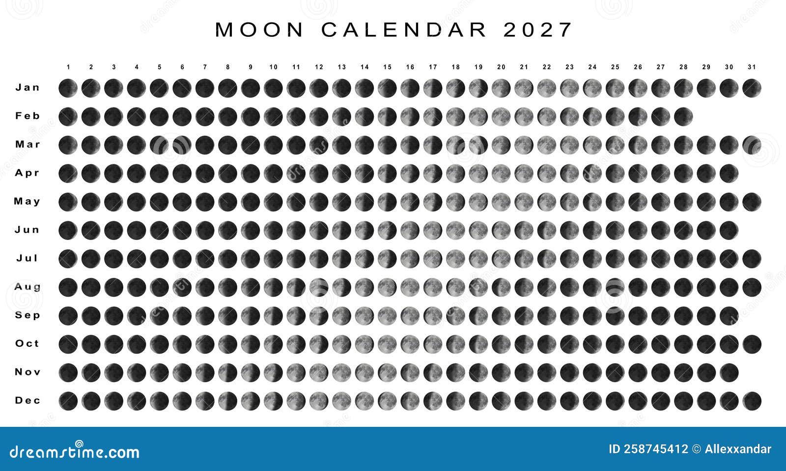 Moon Calendar 2027 Southern Hemisphere Stock Illustration