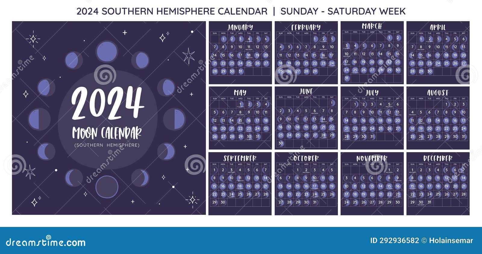 2025 Moon Calendar Southern Hemisphere. Sunday To Saturday Stock