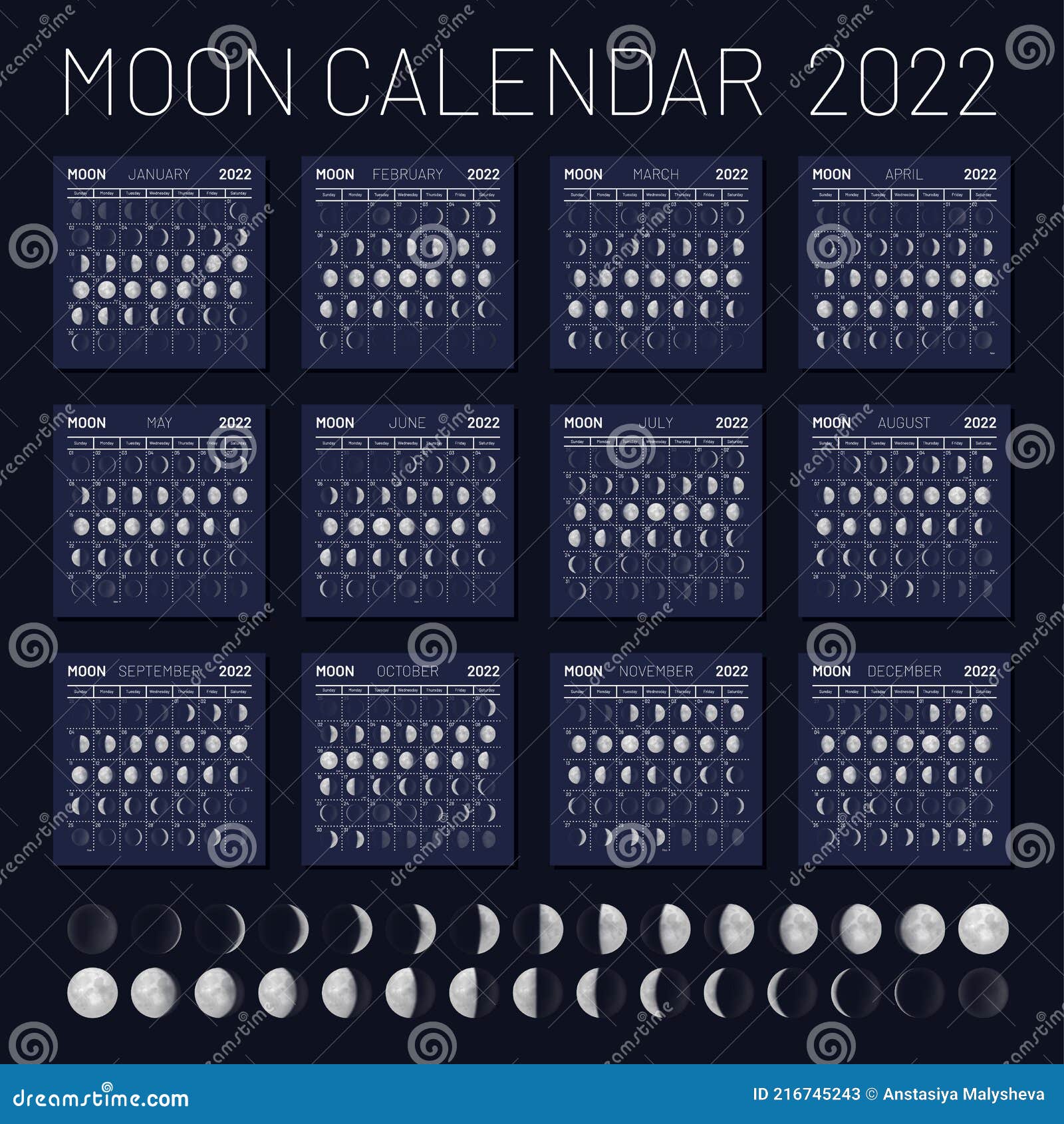Celestial Calendar 2022 Moon Calendar 2022 Year On Night Blue Sky Backdrop Stock Vector -  Illustration Of Moon, Lunar: 216745243