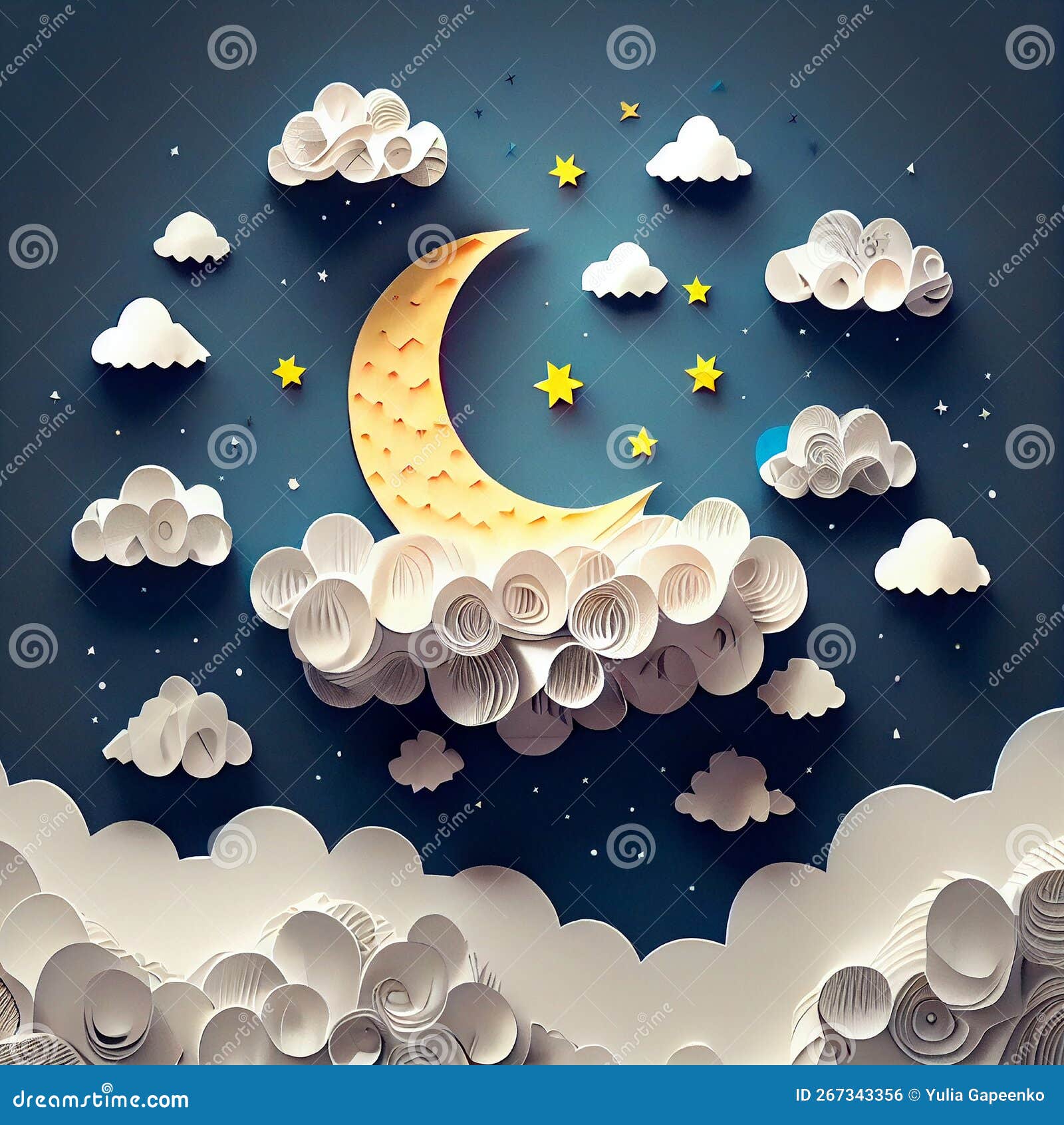Moon in Clouds, Blue, Paper Art. Illustration AI Generative Stock Illustration Illustration of