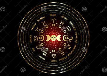 Gold Wheel of the Zodiac Signs and Triple Moon, Pagan Wiccan Goddess ...