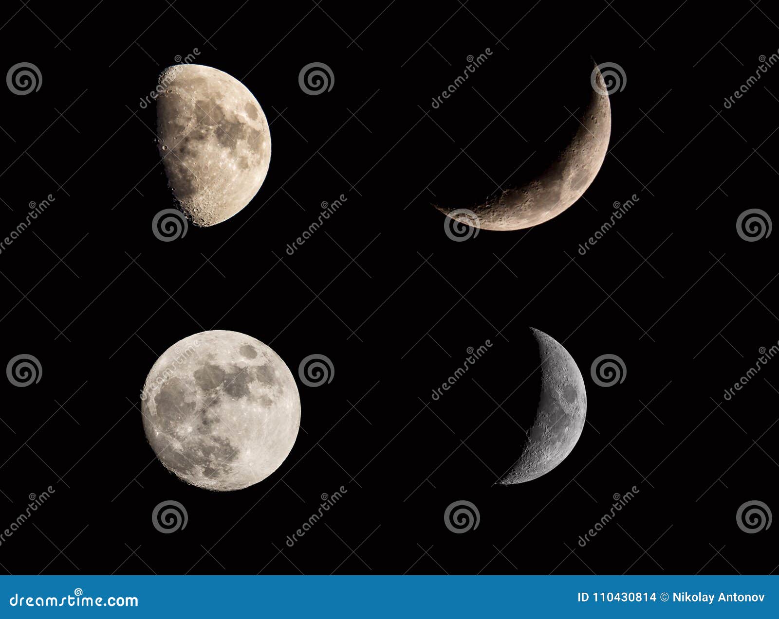 moon lunar eclipse phases collage set on black sky. crescent and full moon. moon cosmic textures for your project.