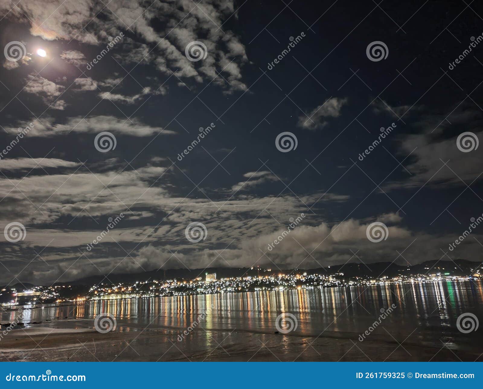 Moon Night and City Light beside Beach Stock Image Image of light