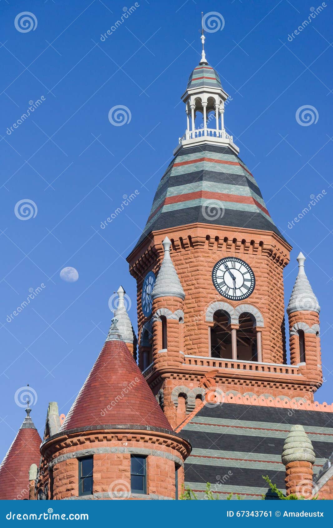 Moon Over the Clock Tower of Old Red Museum in Dallas, Texas Stock