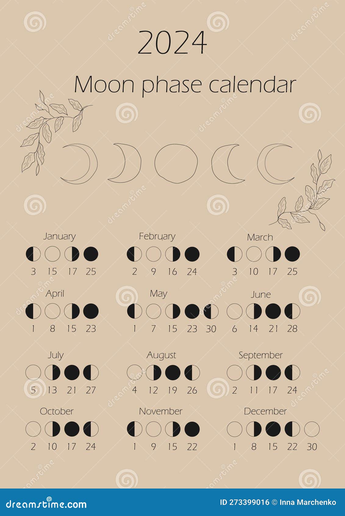 Moon phases calendar 2024. stock illustration. Illustration of ...