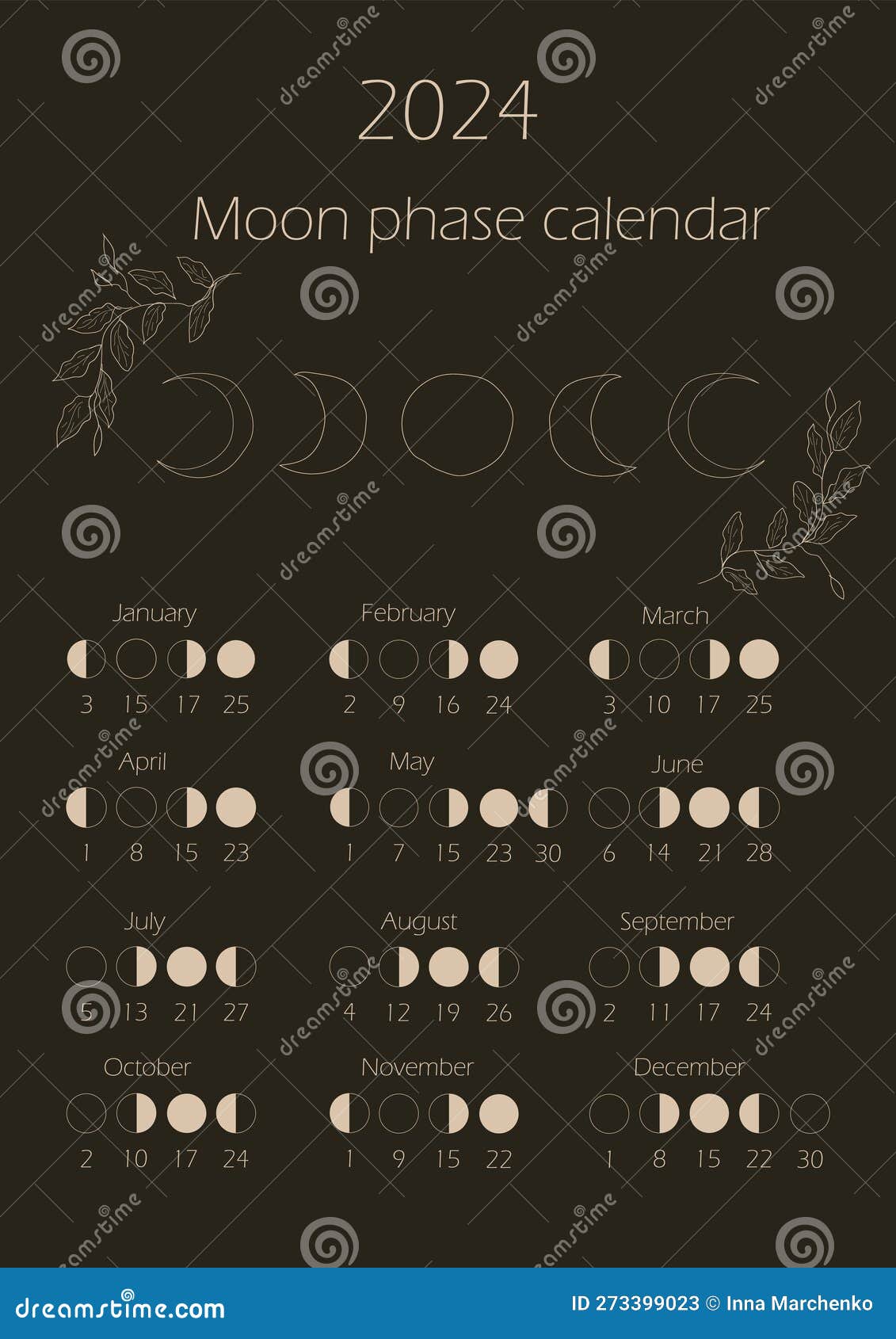 Moon phases calendar 2024. stock illustration. Illustration of ...