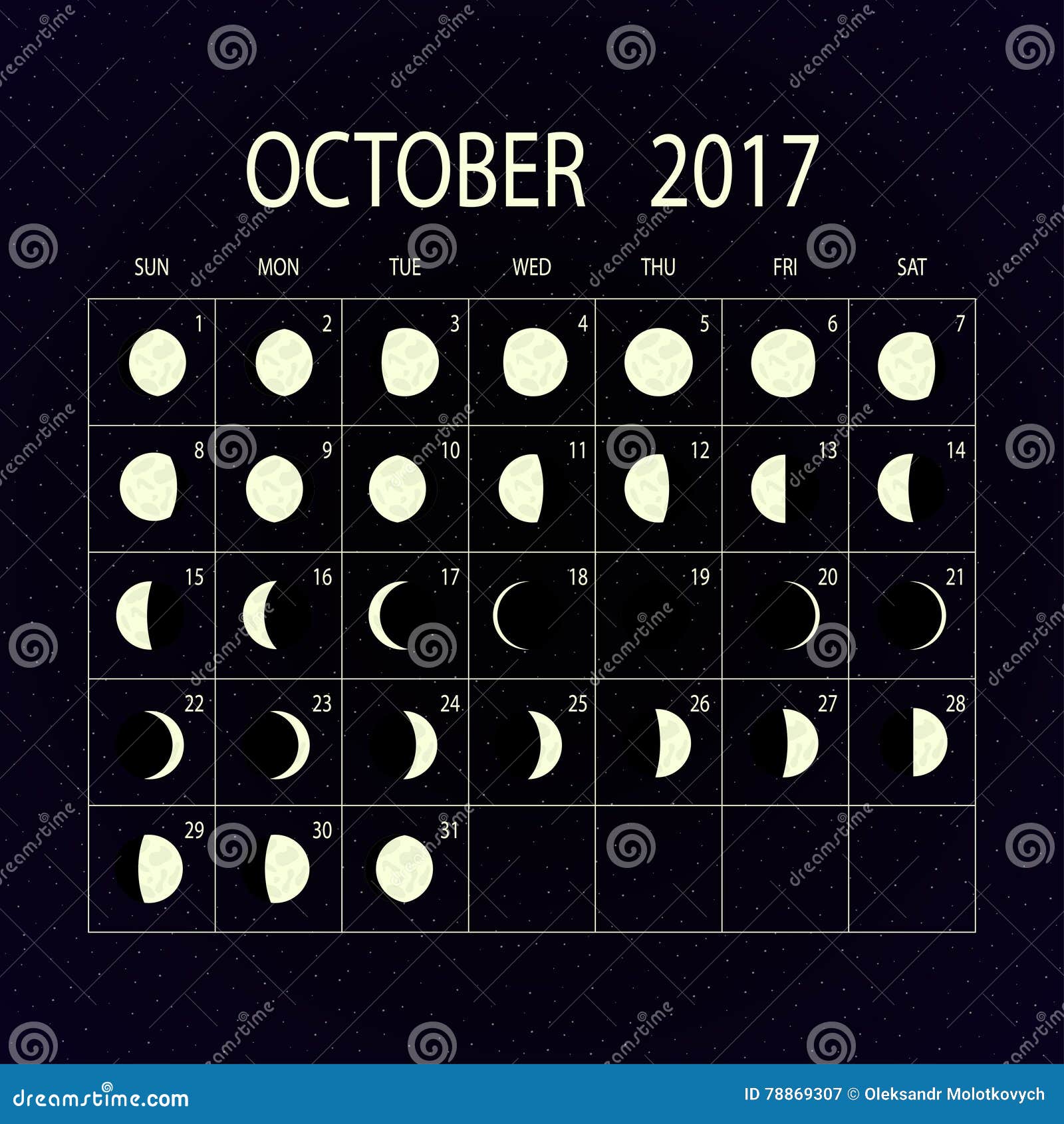 Moon Phases Calendar For 2017 October Vector Illustration Stock Vector Illustration Of Monthly Calendar 78869307