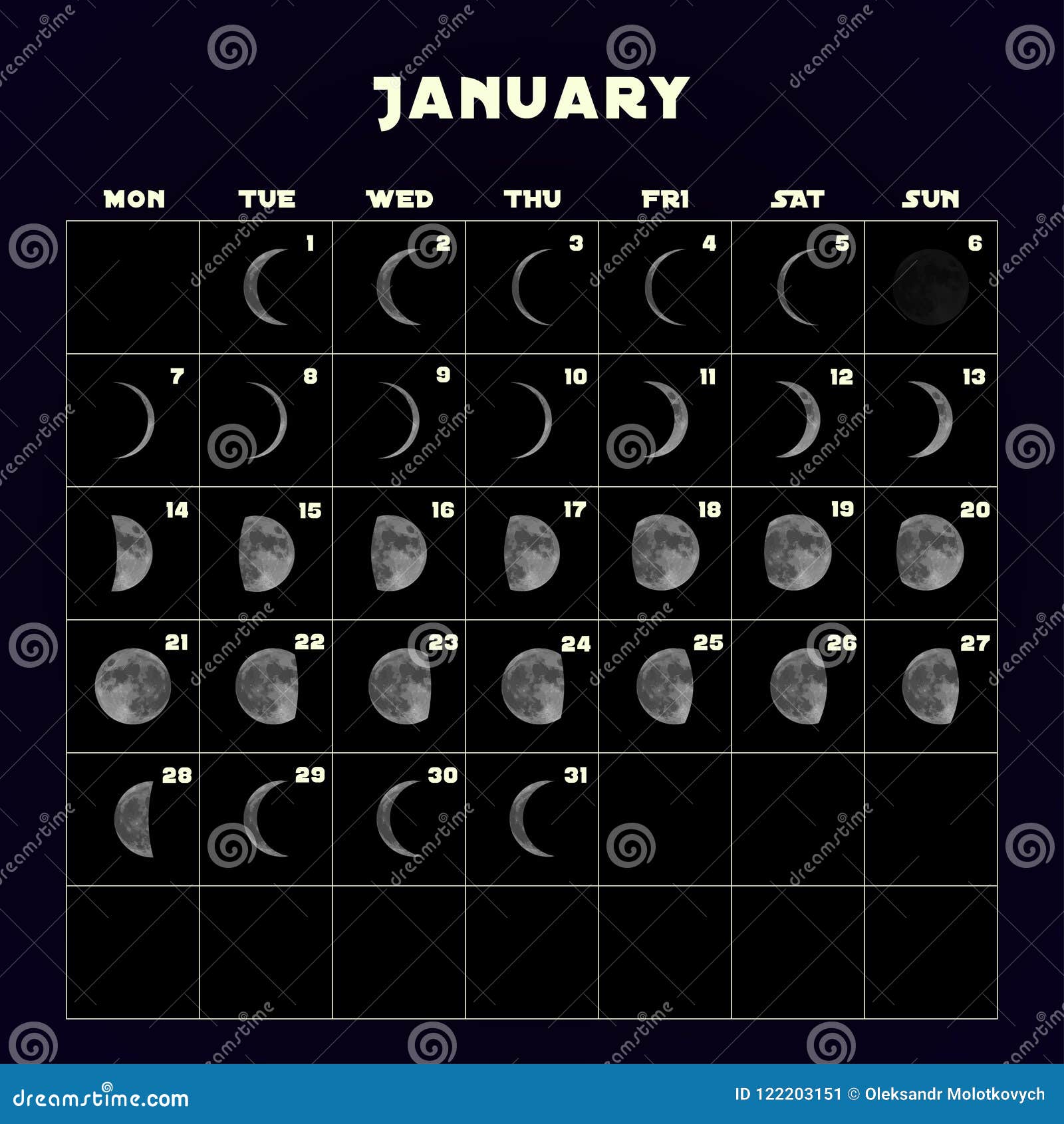 Moon Phases Calendar For 2019 With Realistic Moon. January. Vector. Stock Vector ...