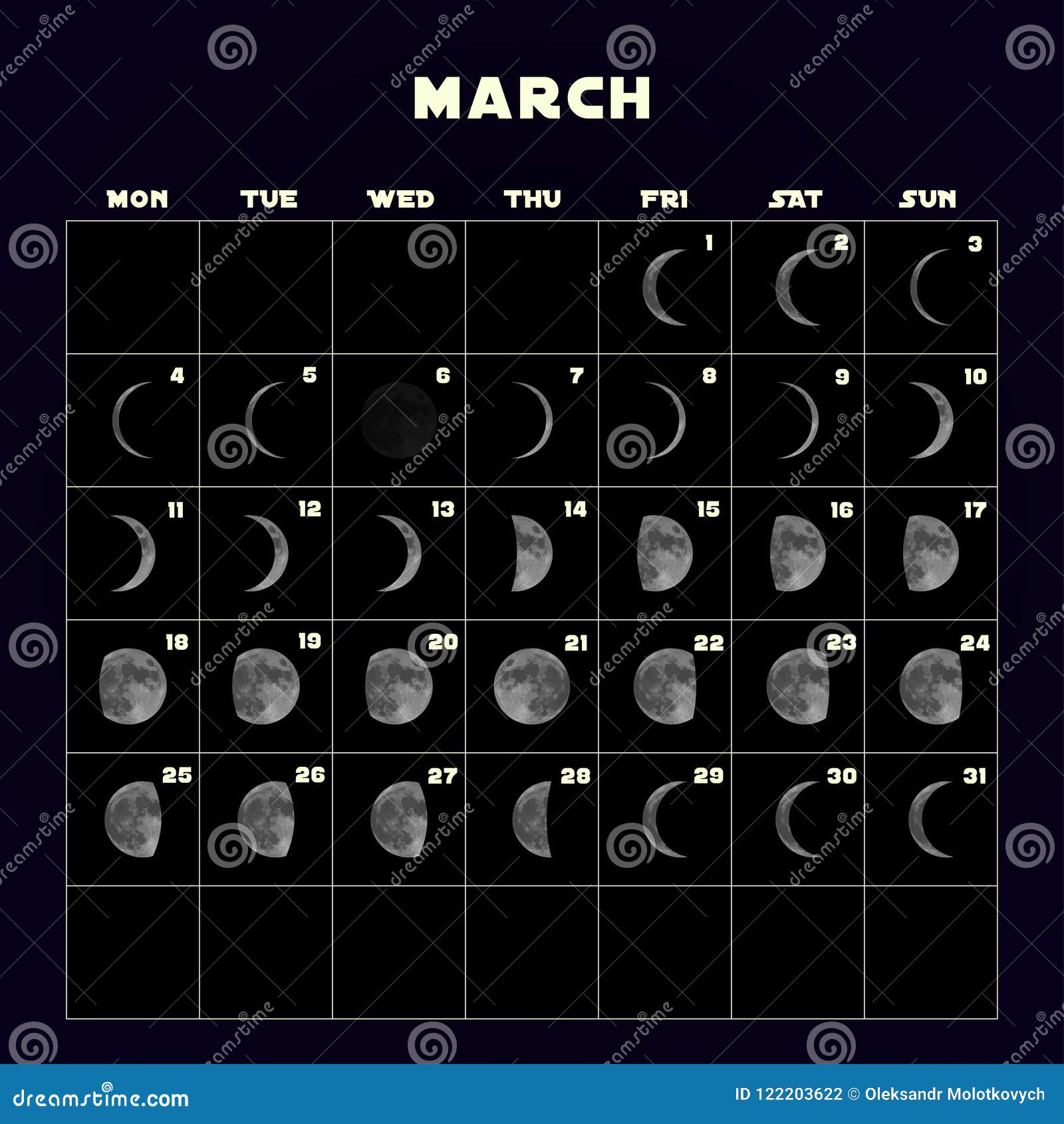 Moon Phases Calendar for 2019 with Realistic Moon March Vector Stock Moon Phases Calendar for 2019 with Realistic Moon March Vector Stock