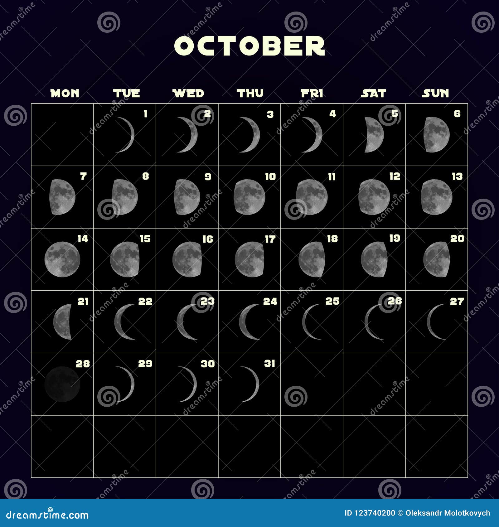Moon Phases Calendar for 2019 with Realistic Moon. October. Vector