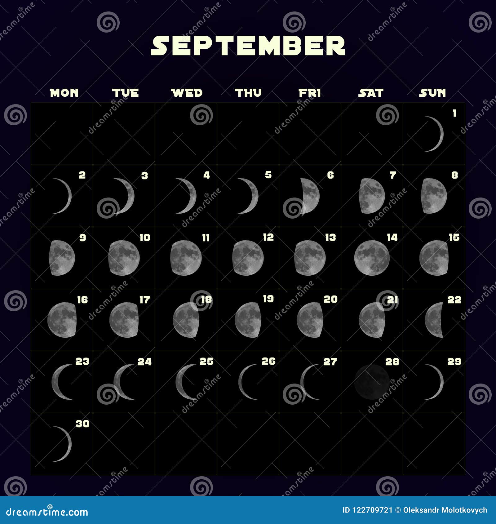 Moon Phases Calendar For 2019 With Realistic Moon September Vector Stock Vector Illustration Of Agenda Graphic 122709721