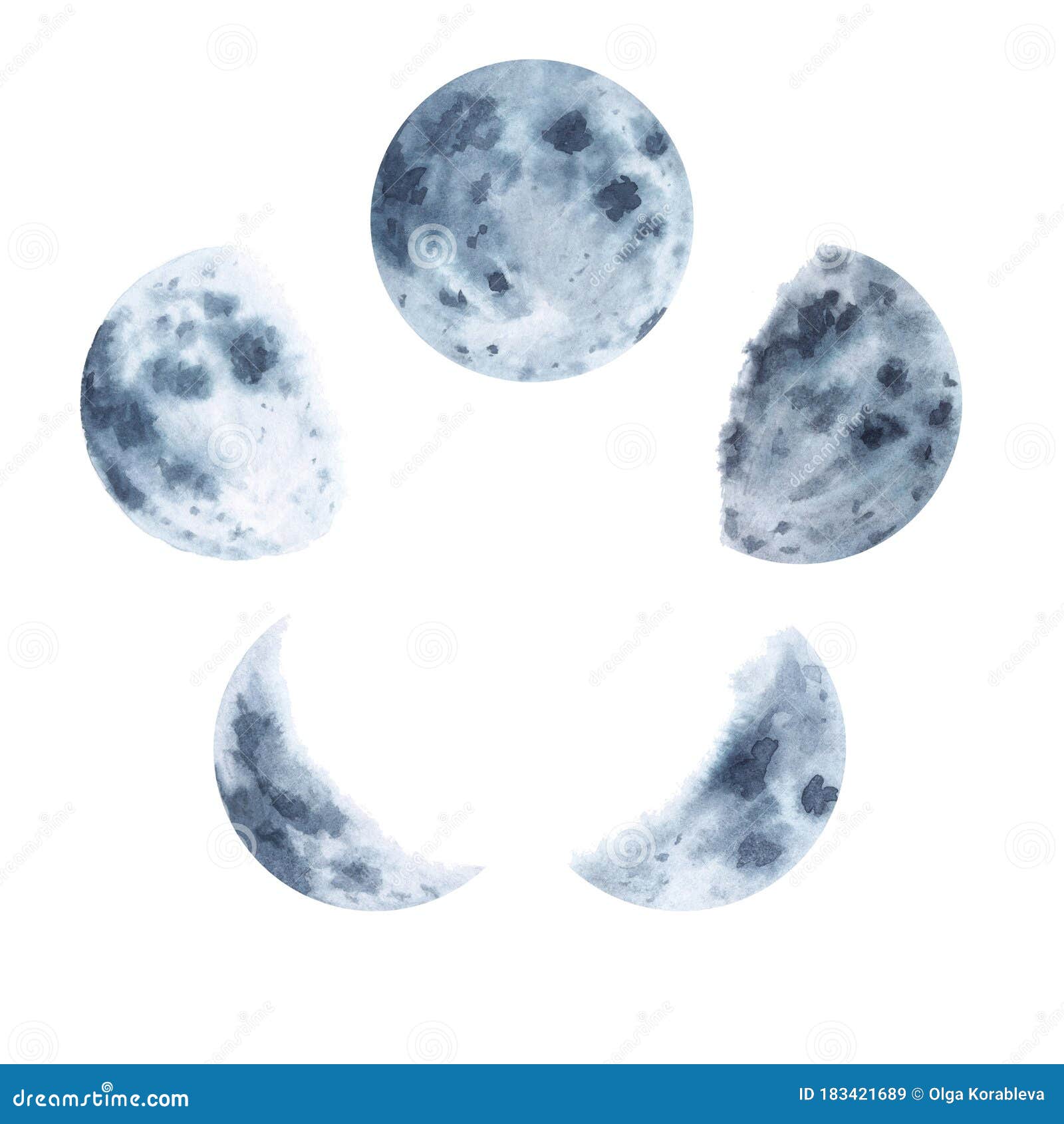 Moon Phases Set Watercolor Hand Painted Abstract Planet Illustration