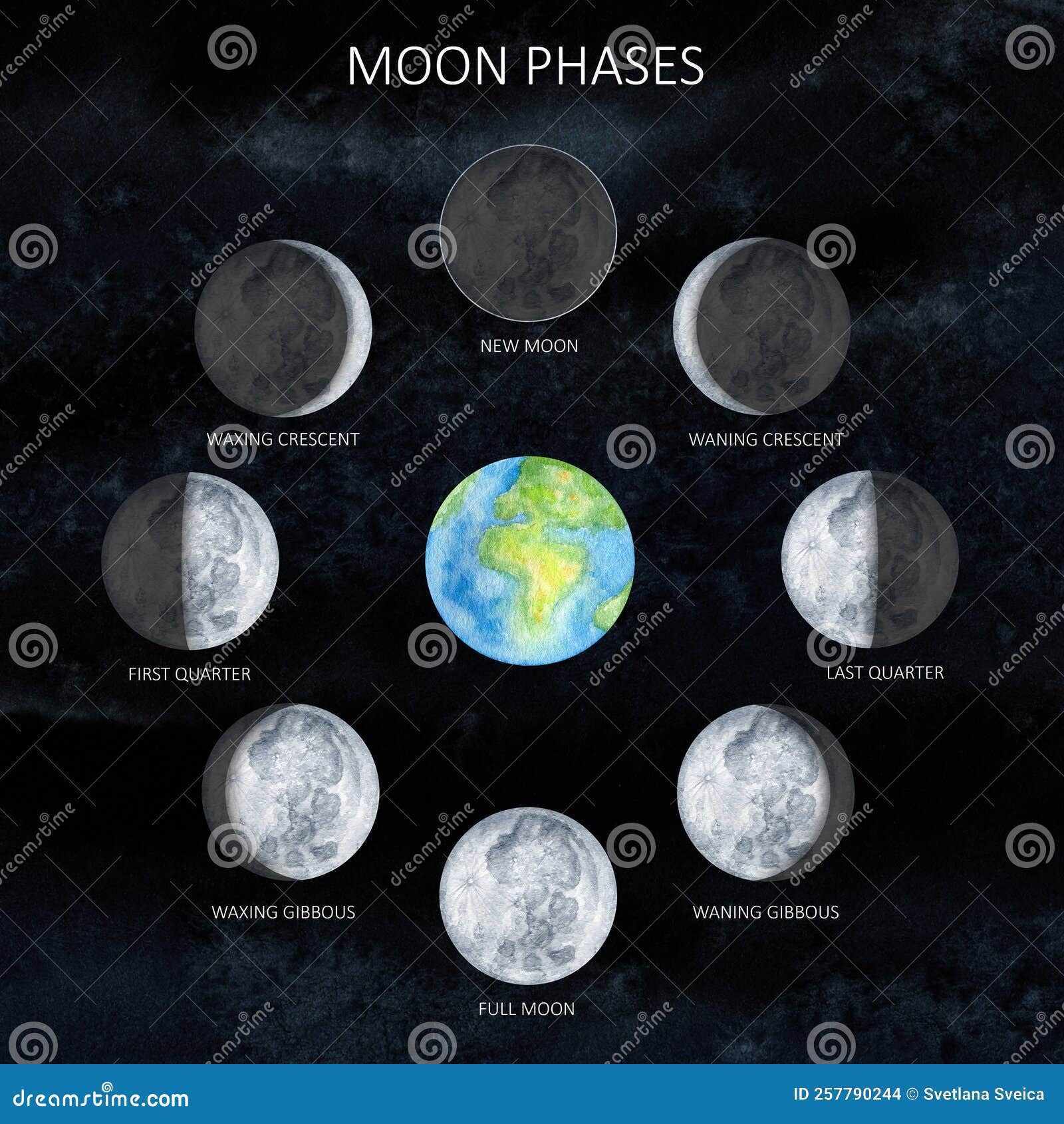 Moon Phases with Earth on Sky Dark Background. Galaxy Hand Drawn ...