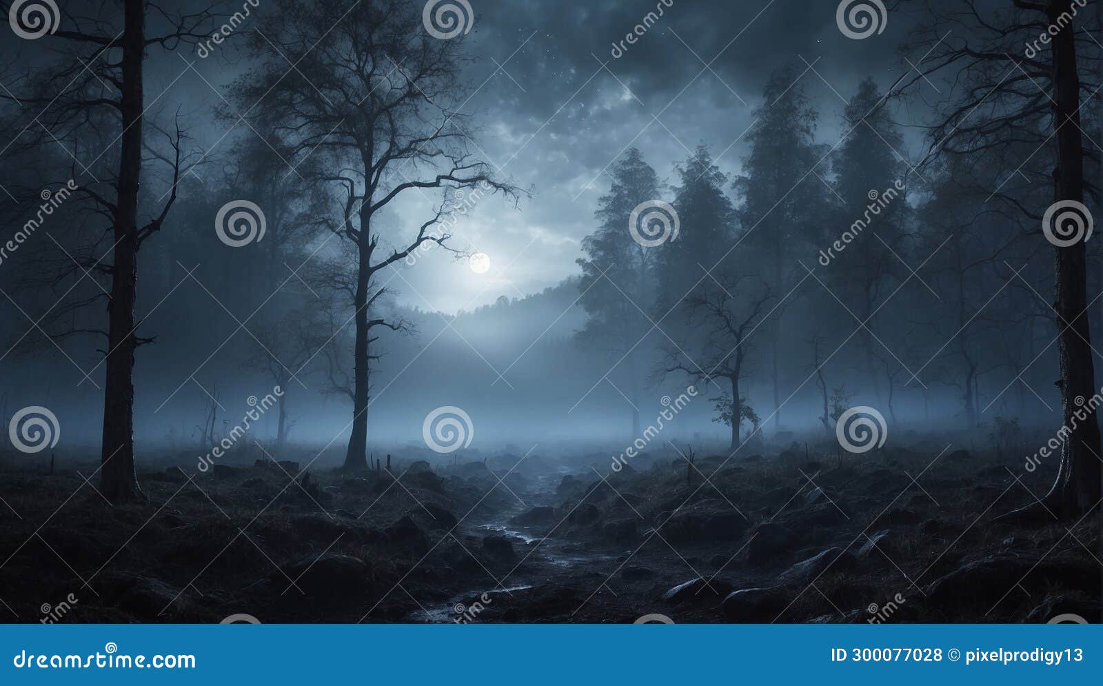 moon rose over the misty forest horror vibes ,moonlight , ai generative
