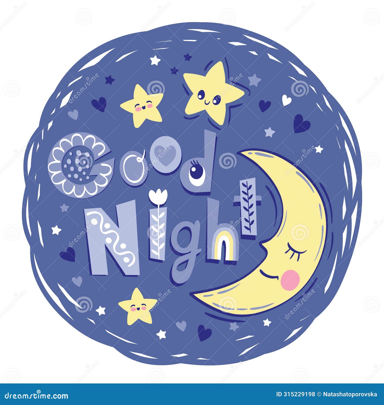 moon slipping among fluffy clouds and short phrase good night.  hand drawn  on blue background