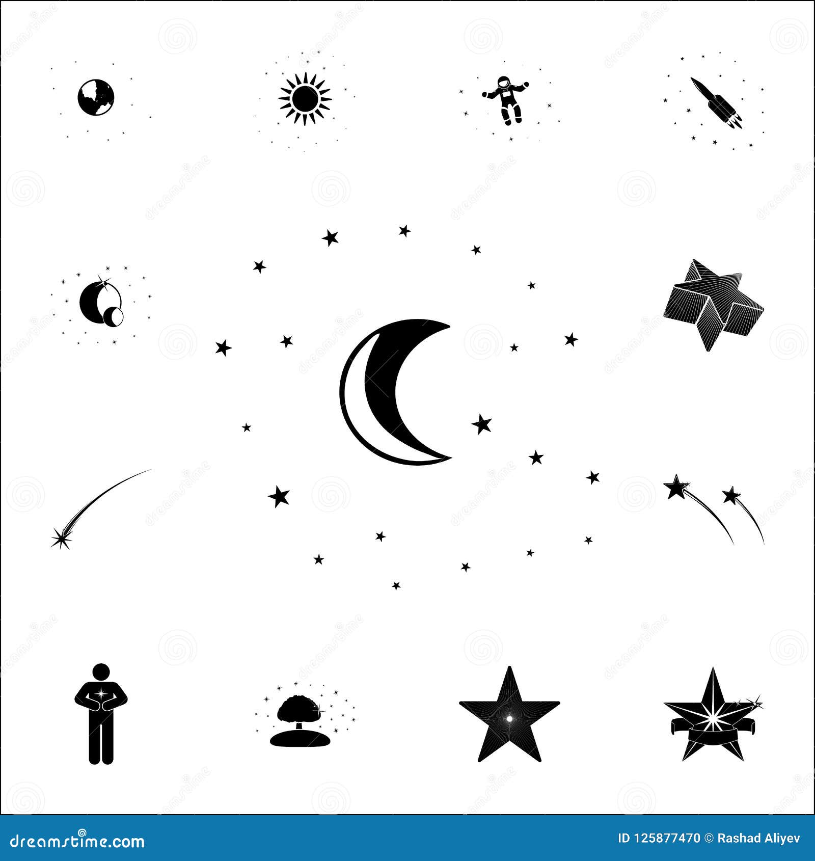 Moon And Stars Icon. Stars Icons Universal Set For  And Mobile Stock