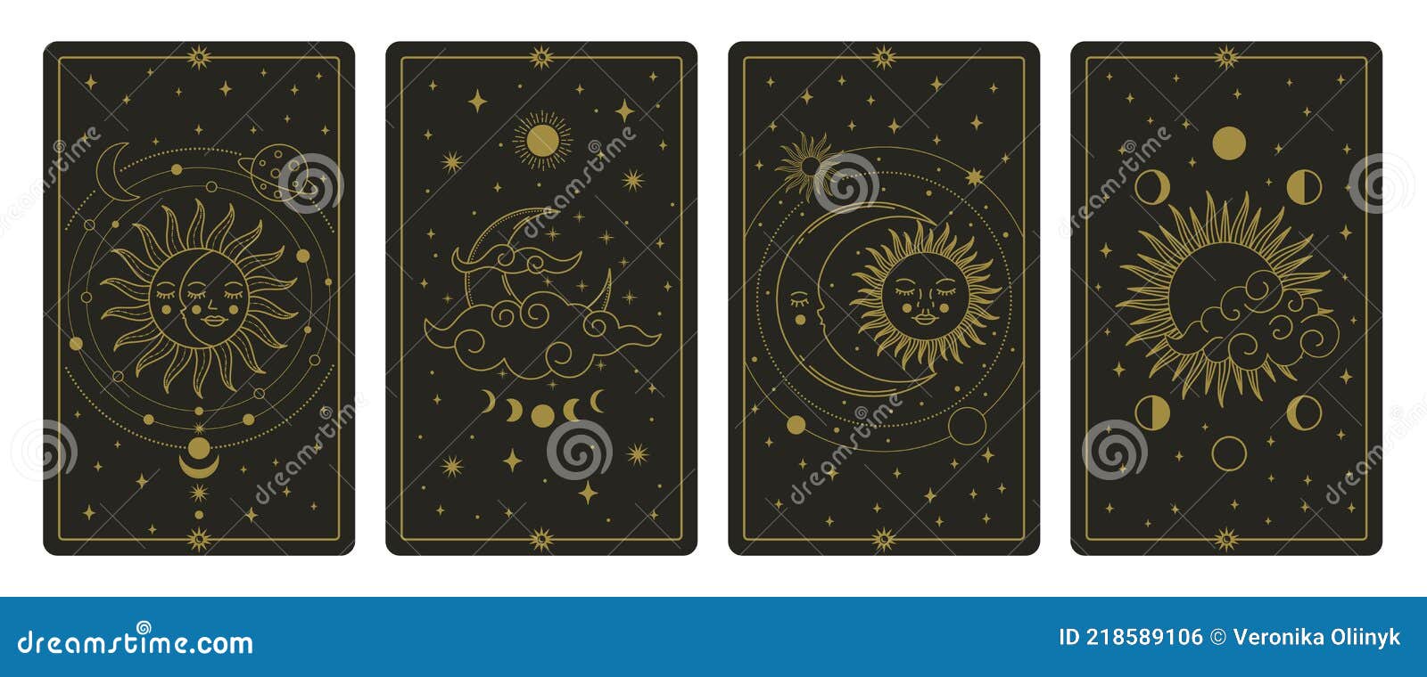 moon and sun tarot cards. mystical hand drawn celestial bodies cards, magic tarot card   set. magical