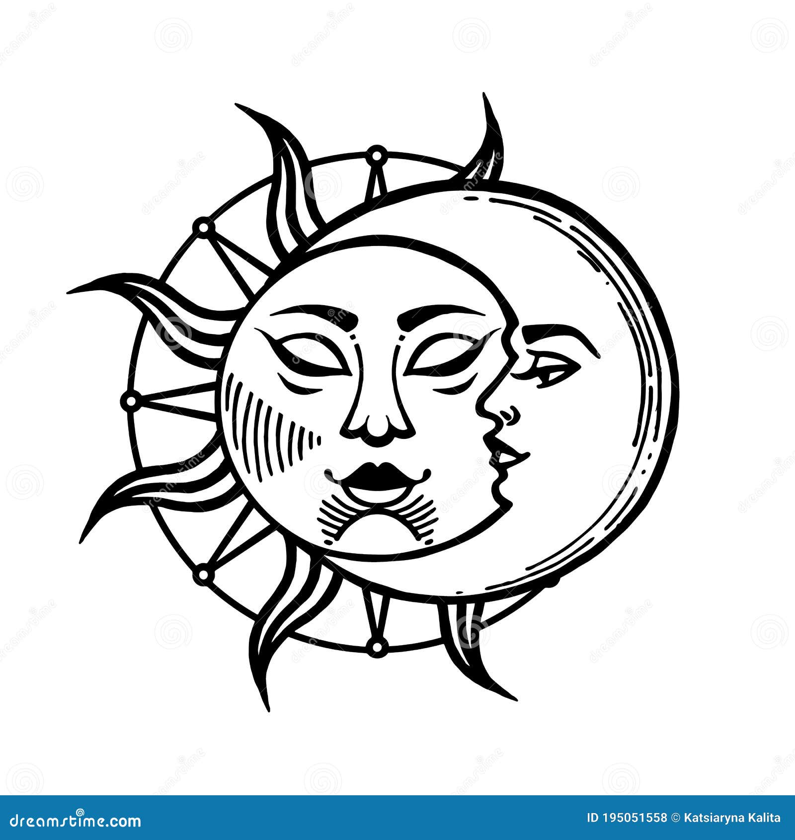 Moon And Sun Tattoo Moon With Face Stylized As Engraving Stock Vector Illustration Of Line Icon