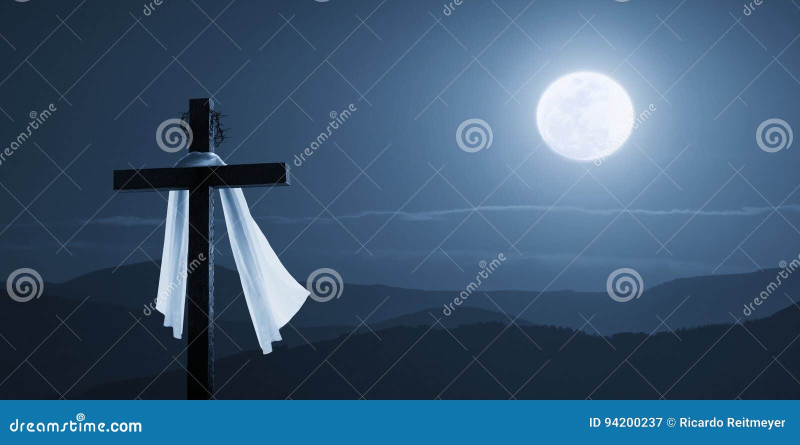 moonlit easter morning christian cross concept jesus risen at night