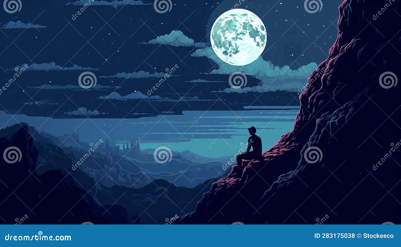 Moonlit Meditation on a Cliff in Pixel Art Style Stock Illustration ...