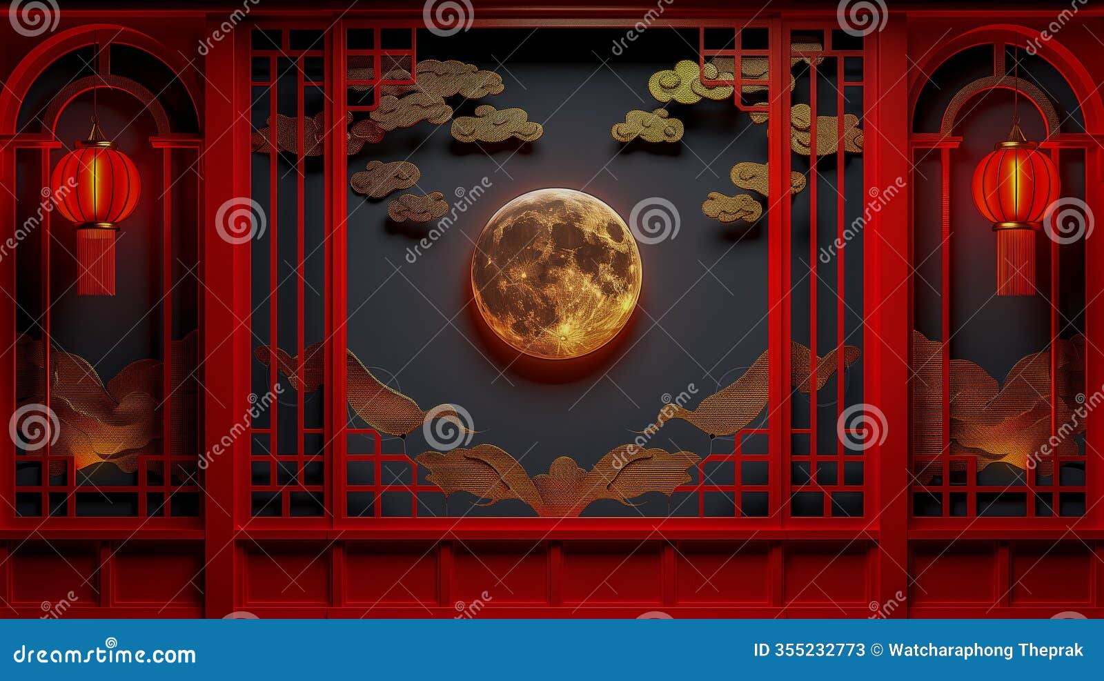 moonlit red lantern display with ornamental gold clouds
