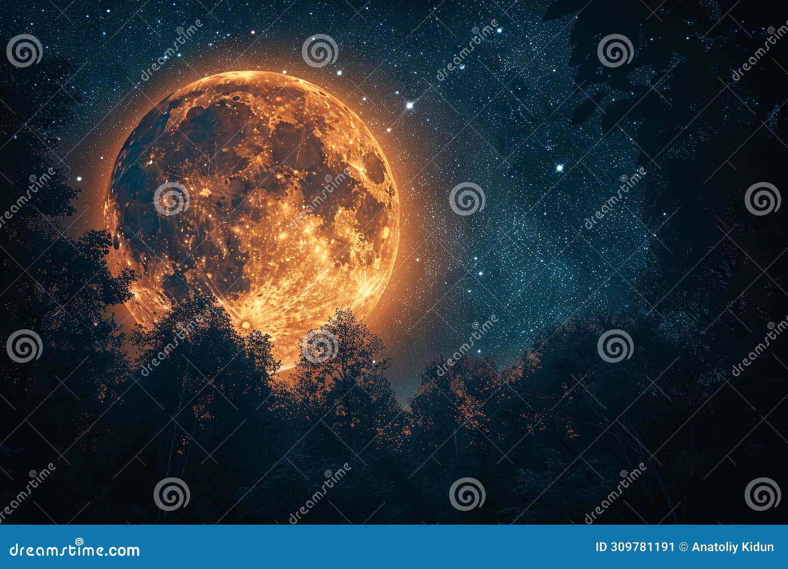 moonrise sky, stars, milky and trees, in the style of spectacular backdrops, realistic usage of light and color
