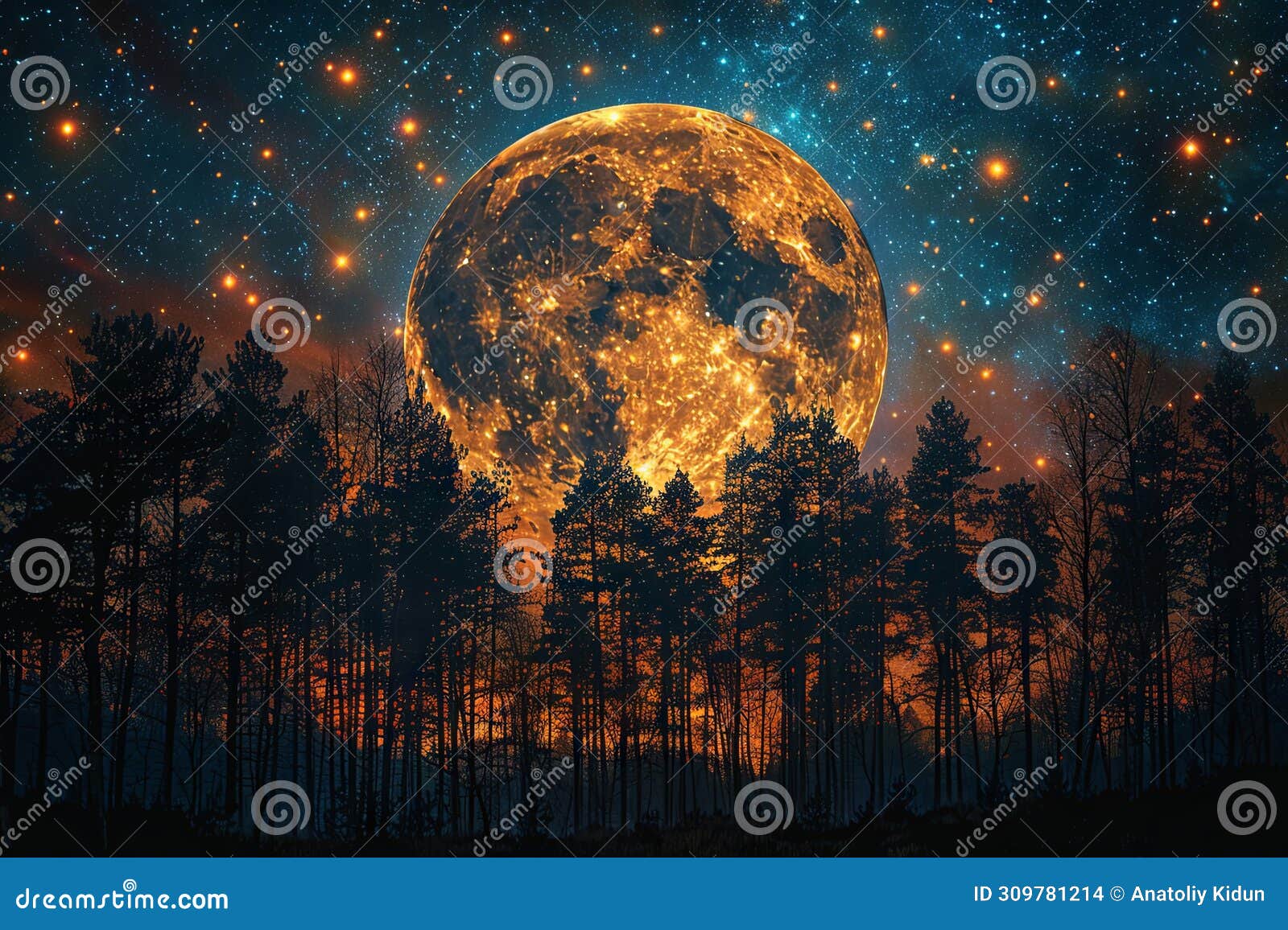 moonrise sky, stars, milky and trees, in the style of spectacular backdrops, realistic usage of light and color