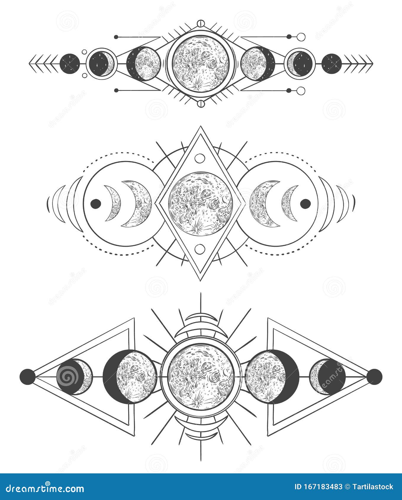 moons phases in mystic sky. mother moon, hand drawn pagan tattoo or sketch wicca moon goddess   set