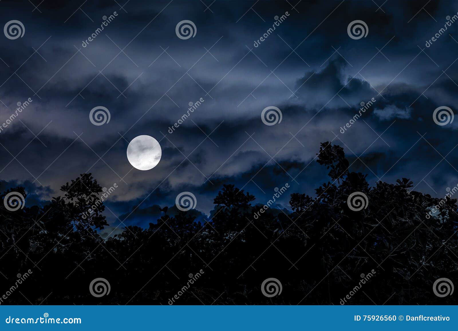 Moonscape Dark Scene Illustration Collage. Dark moonscape collage illustration scene with tropical vegetation and moon in blue cloudy background