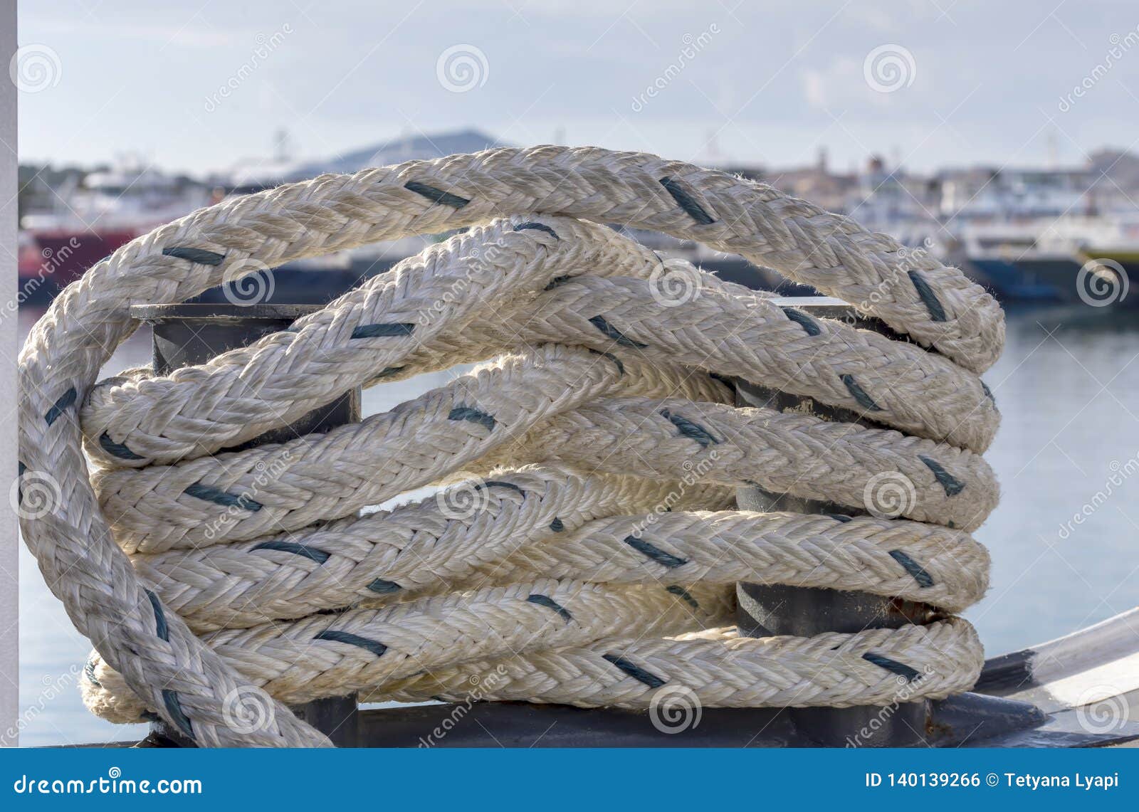 The mooring rope on ship stock photo. Image of bollard - 140139266