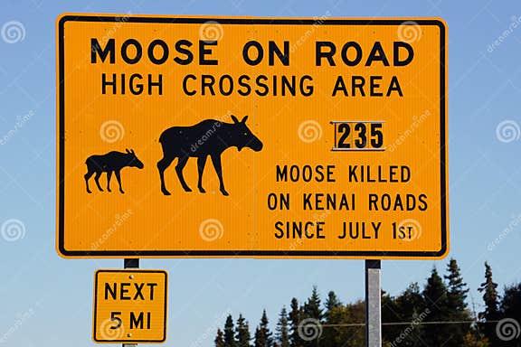 Moose on Road Yellow Warning Road Sign Stock Image - Image of danger ...