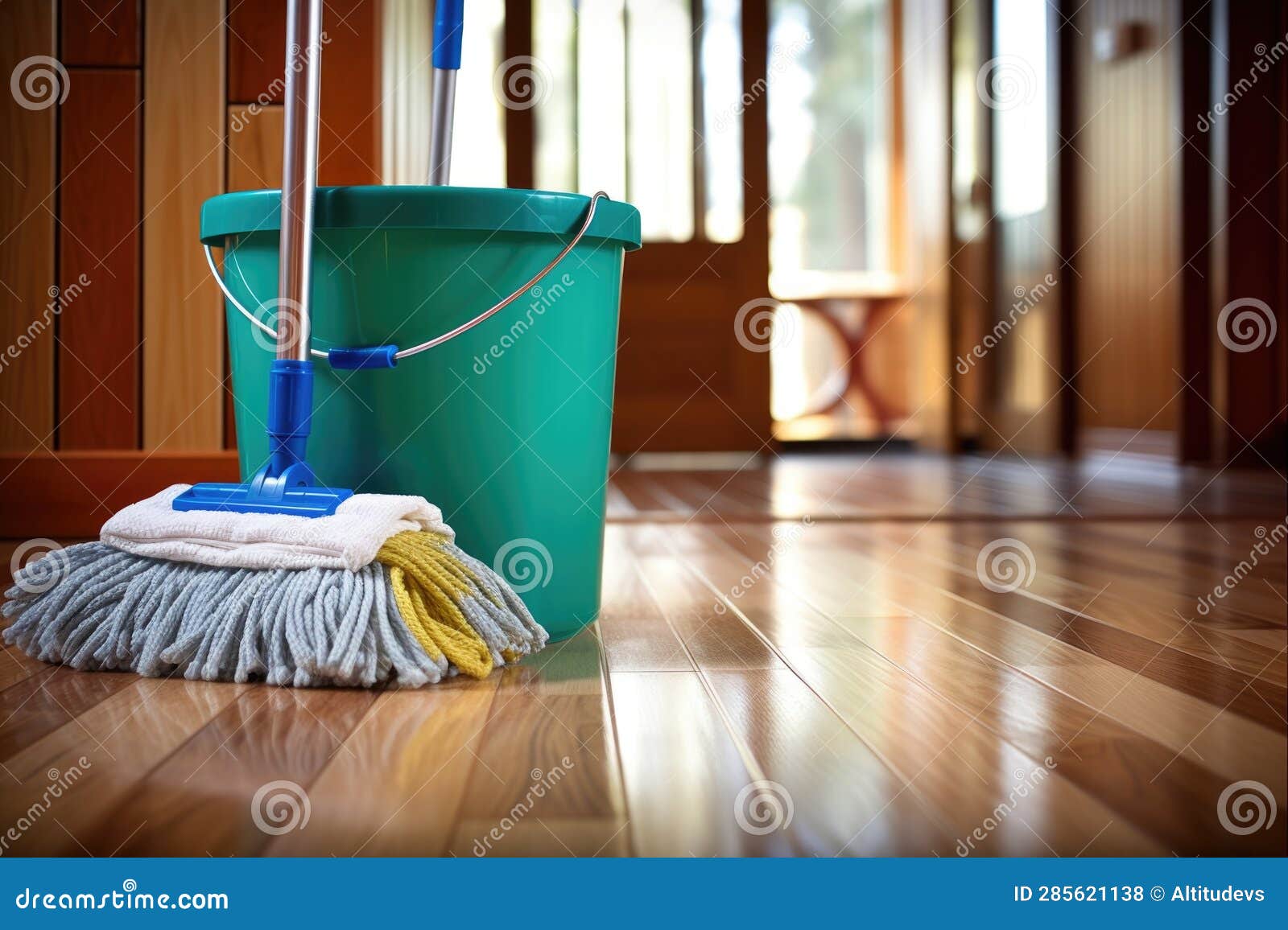 Mop and Bucket with Cleaning Solution on Bamboo Floor Stock Photo
