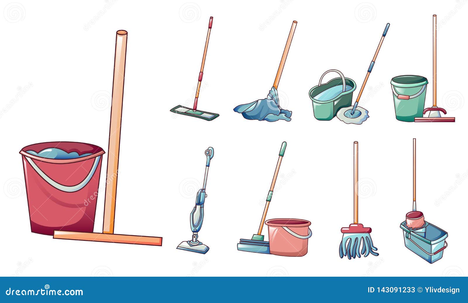 Mop Icons Set, Cartoon Style Stock Vector Illustration of home, floor