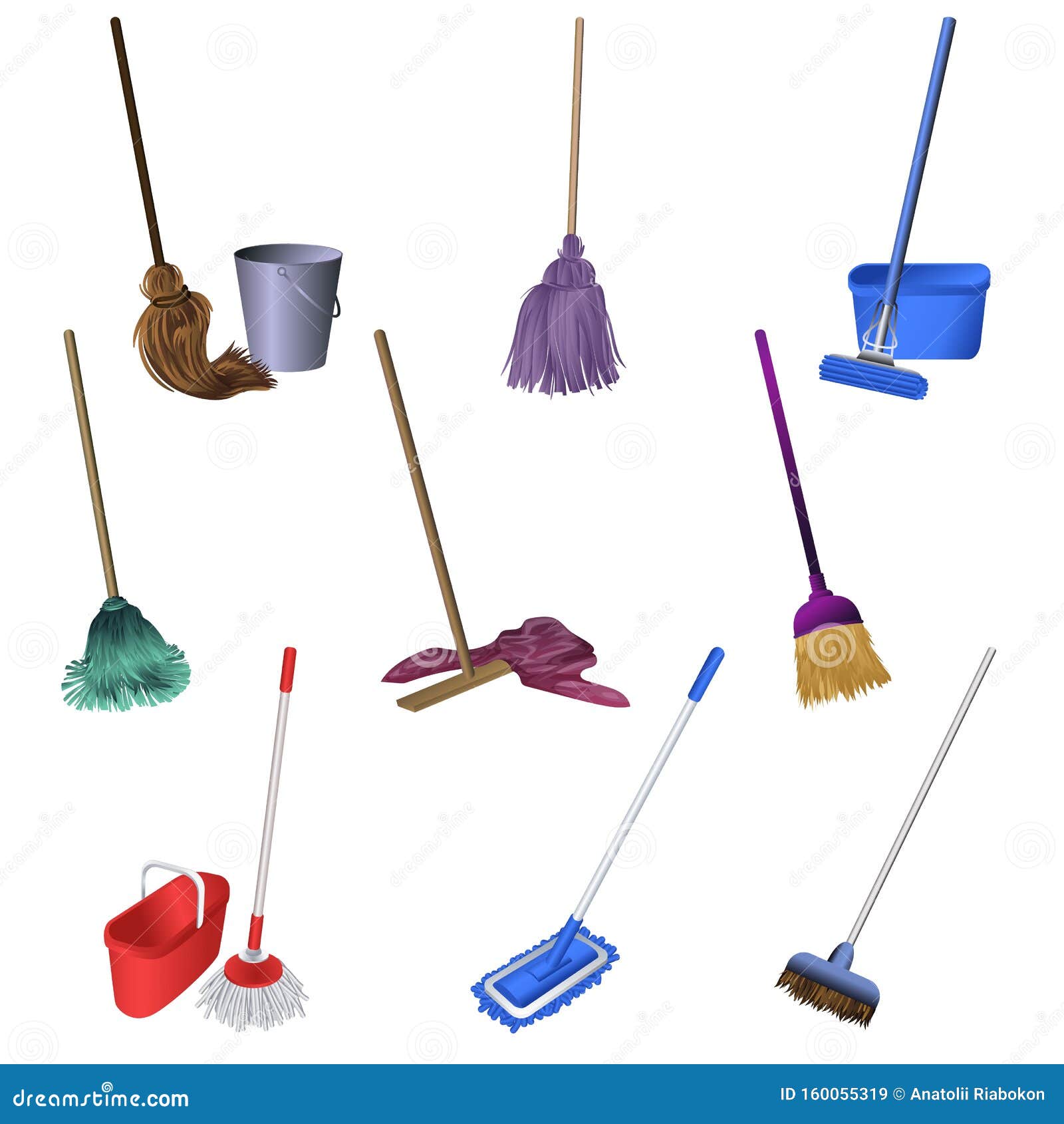 Mop Icons Set, Cartoon Style Stock Vector Illustration of bucket