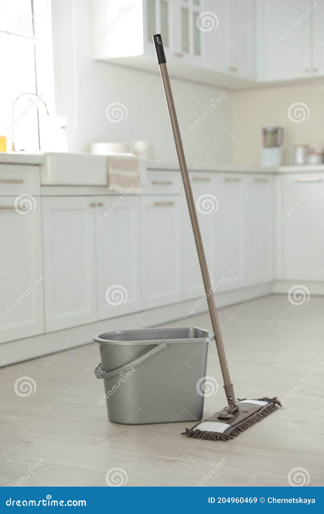 Mop and Plastic Bucket in Kitchen. Cleaning Supplies Stock Image