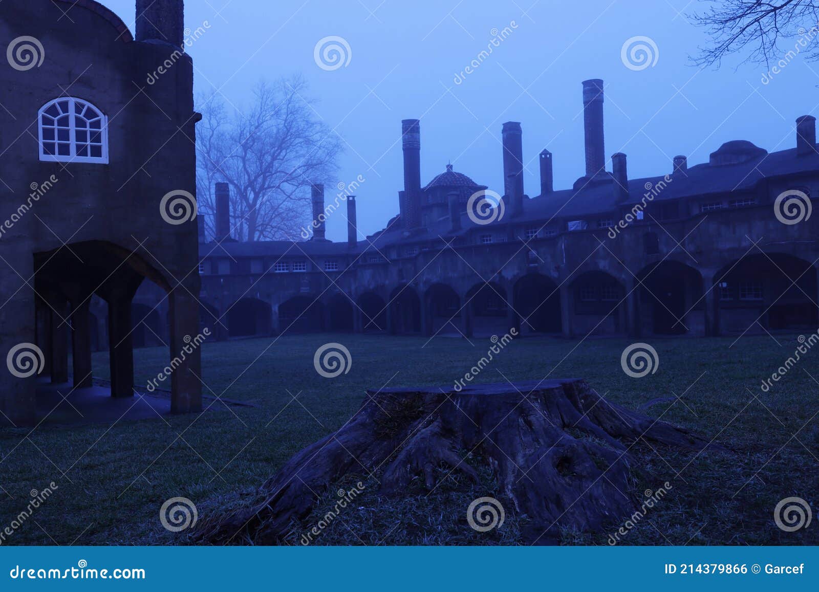 moravian tile works under fog in doylestown, pa. usa