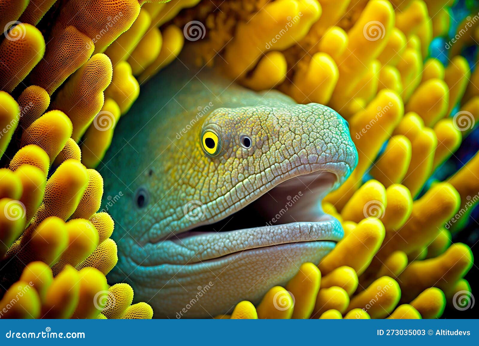 Moray Eel with Bright Yellow Eyes Peeking Out from Coral Reefs Stock