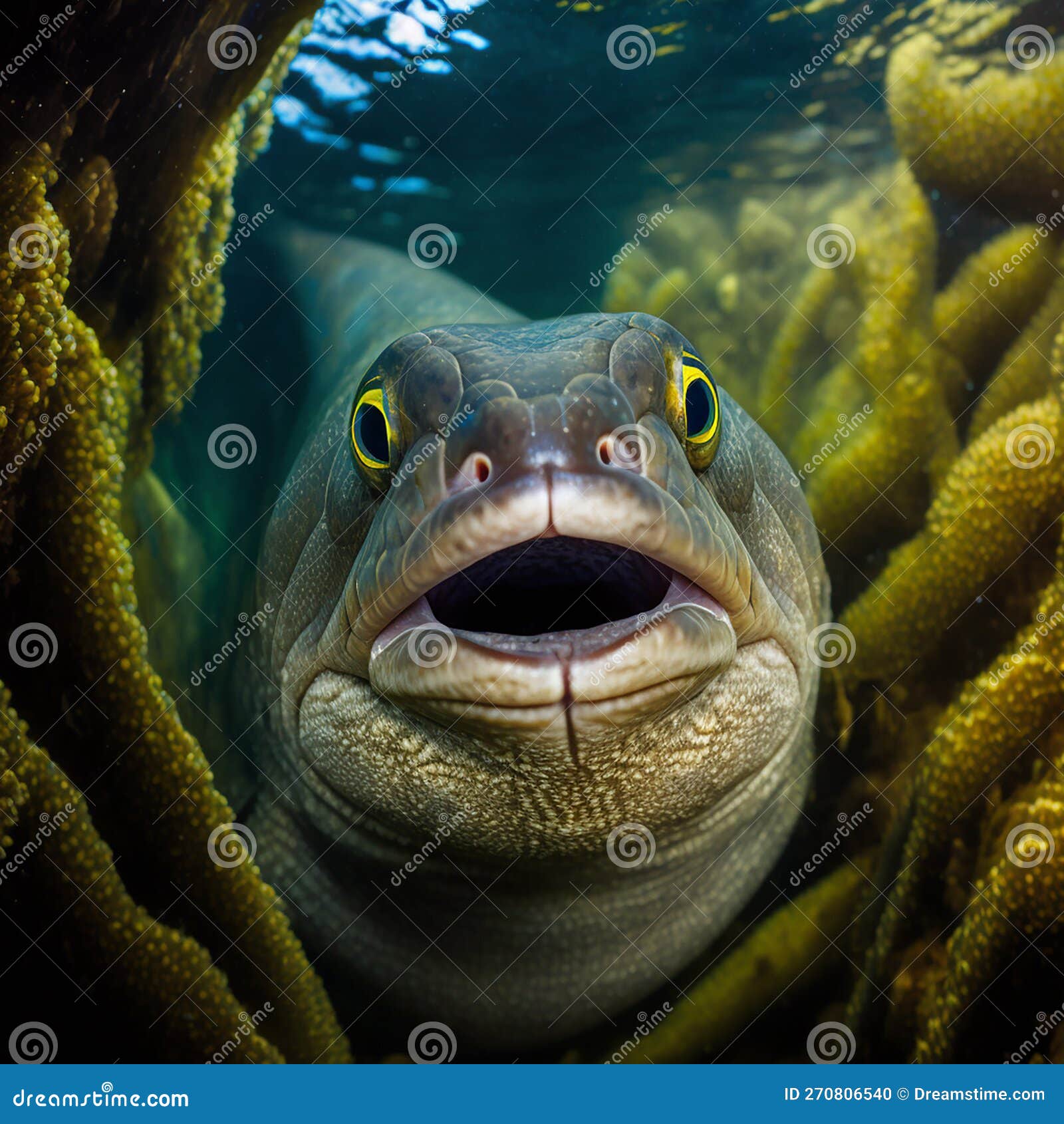 Moray Eel Fish Peeks Out of Its Hole in the Algae Underwater Closeup