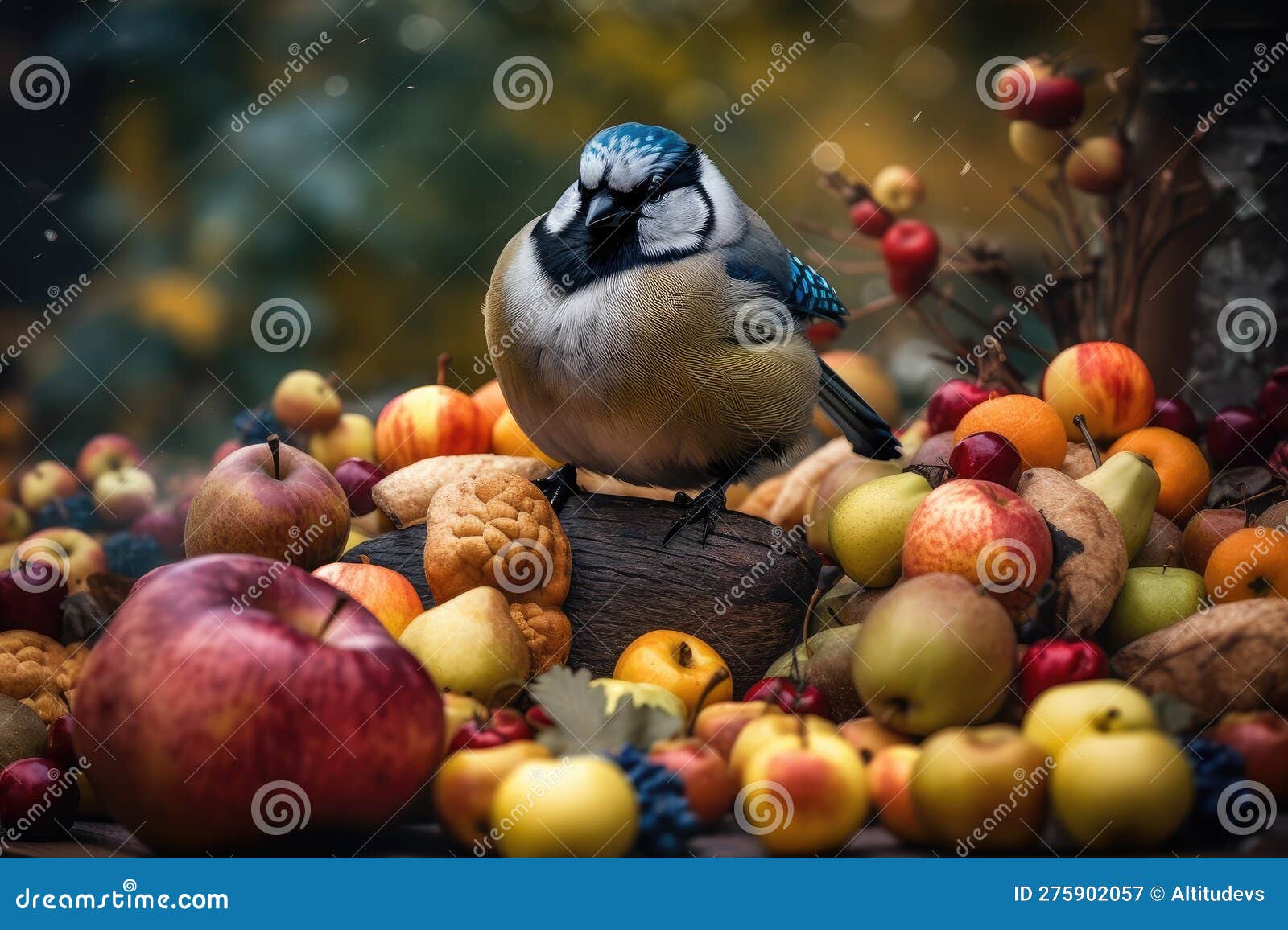 morbidly obese bird, surrounded by bountiful feast of fruits and nuts