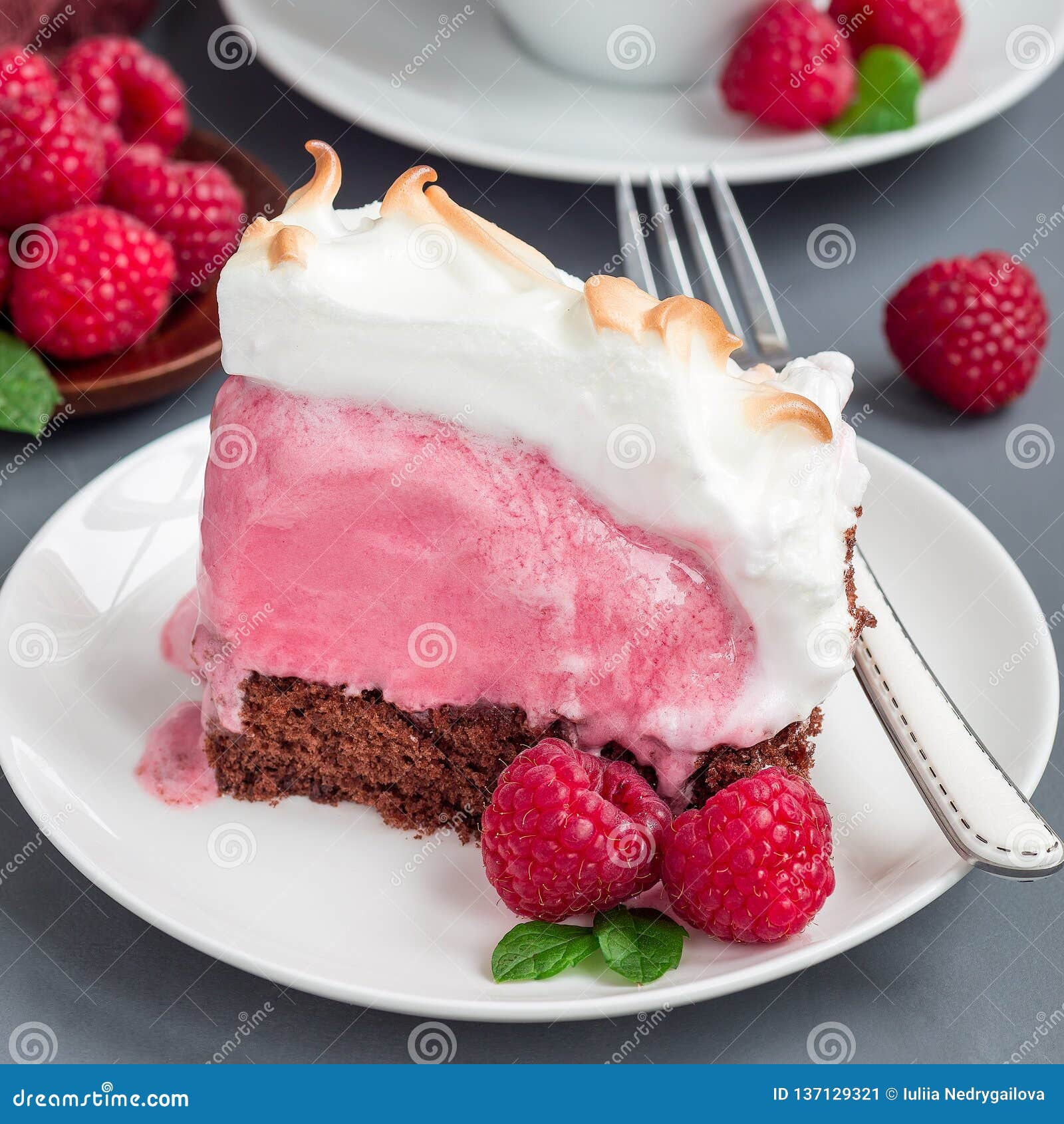 Morceau De L Alaska Cuit Au Four Avec Le Gateau Mousseline De Chocolat La Creme Glacee De Framboise Et Les Meringues D Un Plat Image Stock Image Du Alaska Meringue