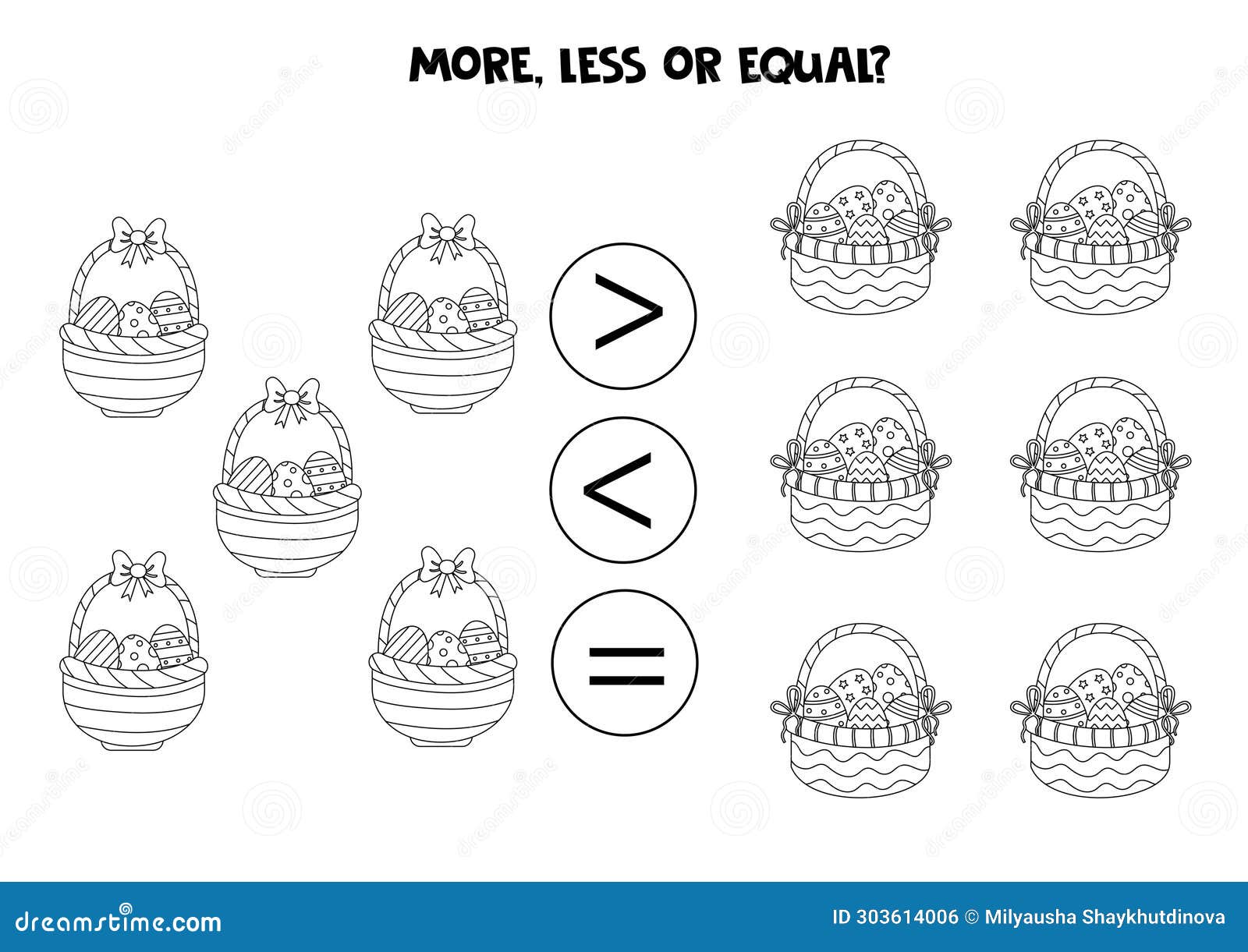 Grater, less or Equal with Cartoon Black and White Easter Baskets