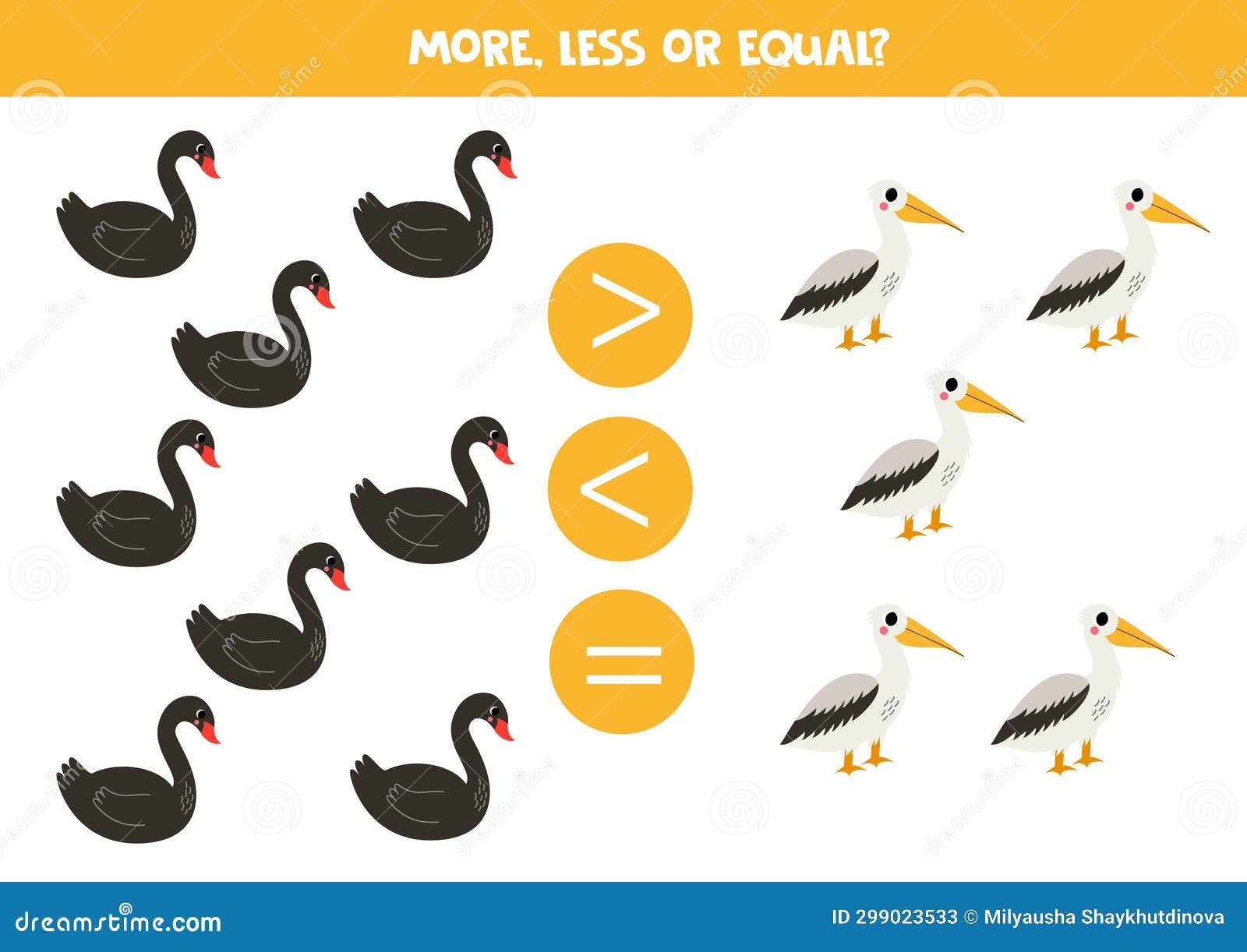 Grater, less or Equal with Cartoon Black Swan and Pelican. Stock Vector