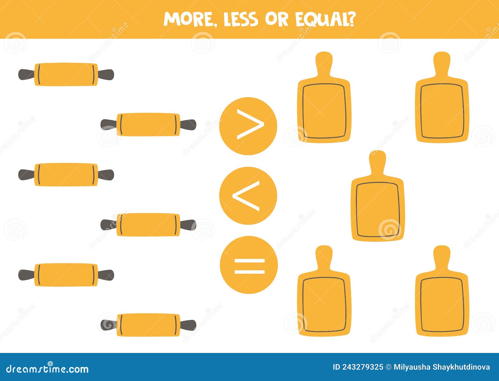 More, less, Equal with Hand Drawn Kitchen Utensils. Stock Vector