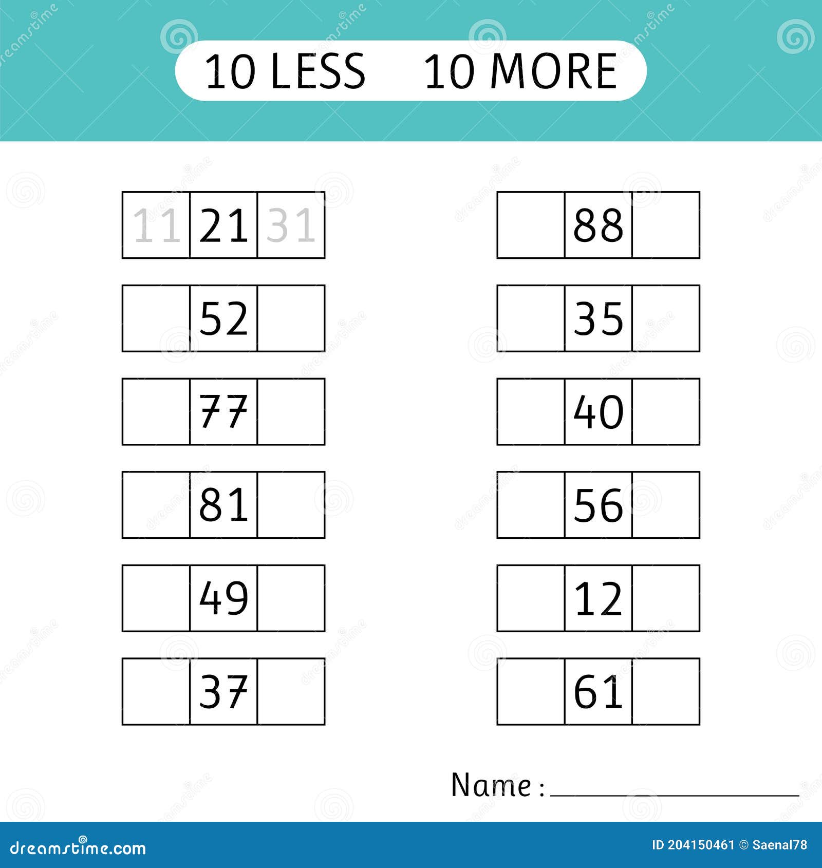 22 less, 22 More. Fill in the Missing Numbers. Worksheets for Kids Intended For Ten More Ten Less Worksheet